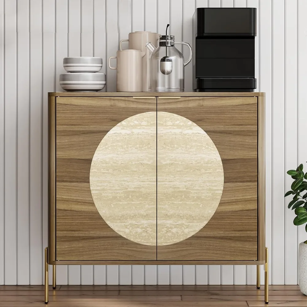 

Buffet Cabinet with Storage, Mid-Century Modern Kitchen Storage Cabinet with Adjustable Shelf and Circular Inlay Doors