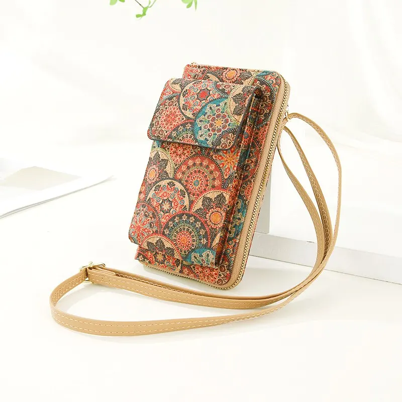 Vintage portemonnee kurkpatroon rits crossbody handtas afneembare schouderketting universeel voor mobiele telefoon dagelijks