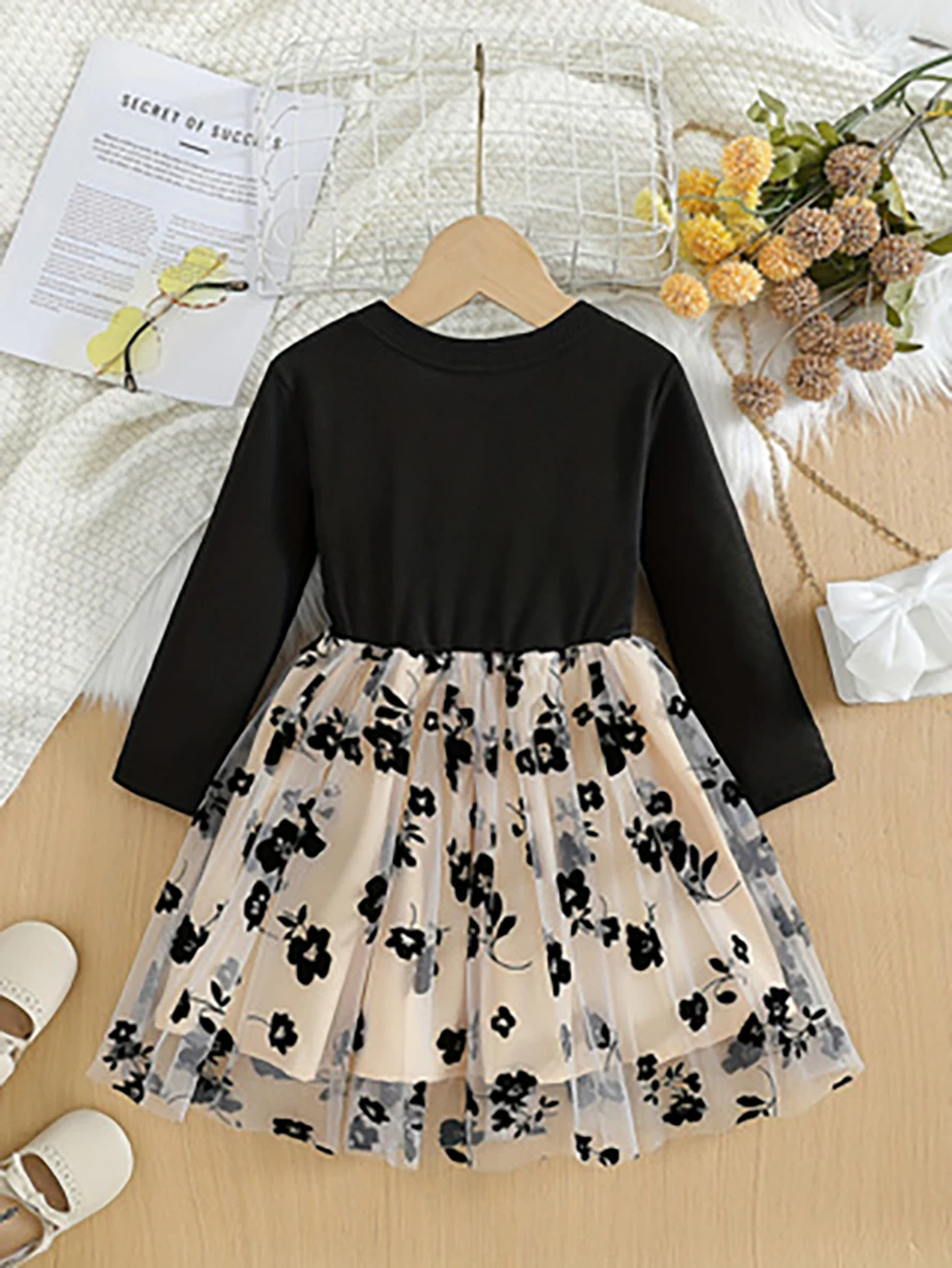 Girls' Long-Sleeve Retro Princess Dress, Black & Apricot Flocked Floral Tulle Dress for Spring and Autumn