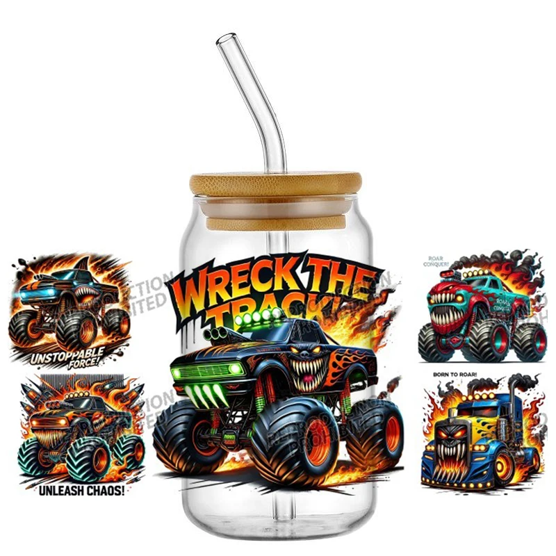 Monster Truck Cartoon Pattern16OZ UV DTF Cup Wrap Transfer Sticker Custom Label DIY Durable Waterproof Logo For Libbey Glass Can