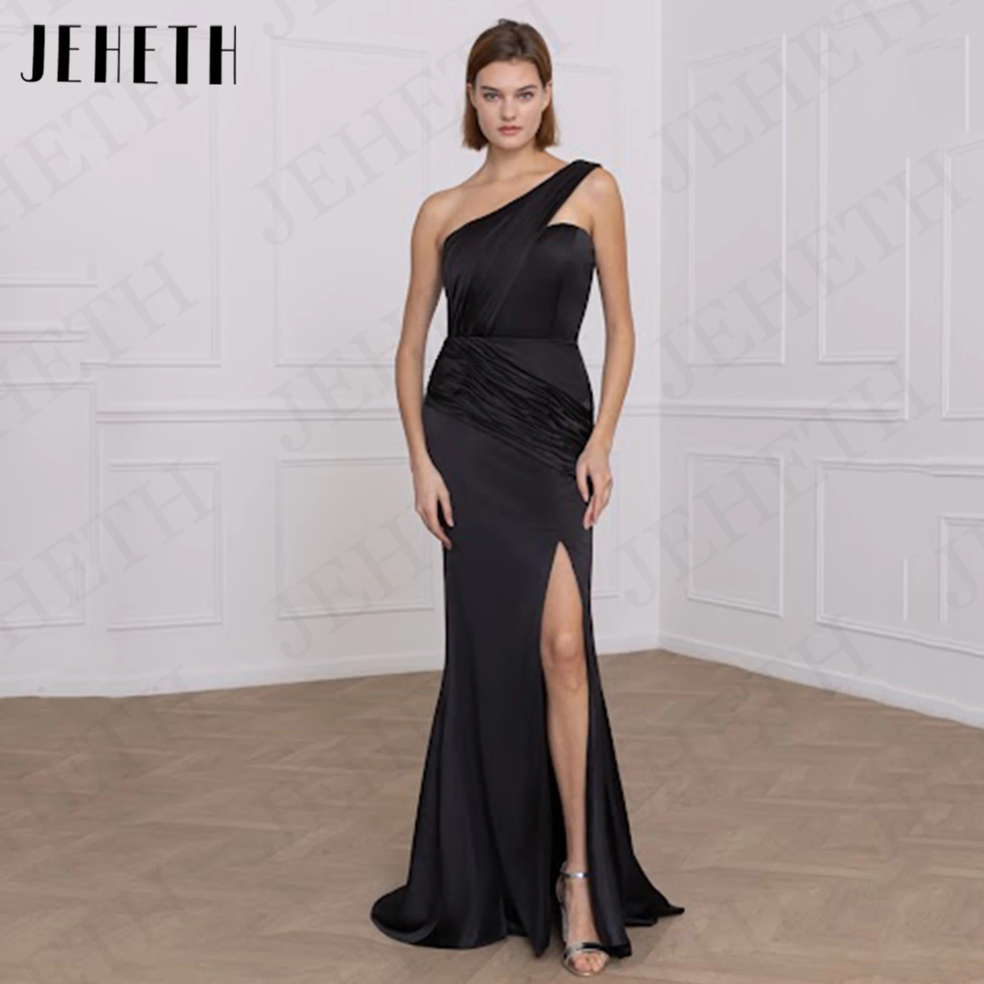 

JEHETH Black Mermaid Evening Dresses Satin Pleated Side Split Simple One Shoulder Formal Party Dress Backless vestidos de fiesta