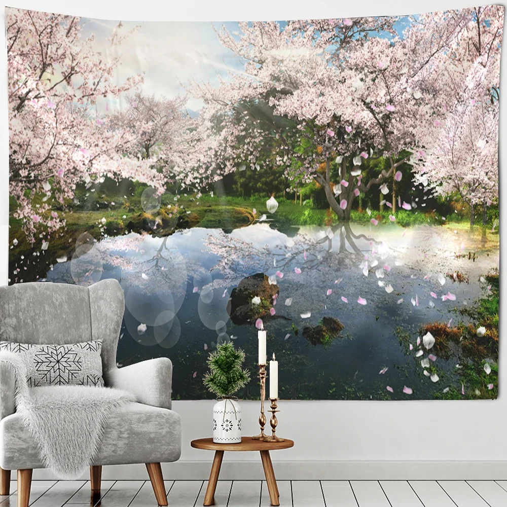 Beautiful Mount Fuji Sakura Pagoda Landscape Wall Hanging Tapestry Decorative Art Suitable for Living Room Room Home Decor