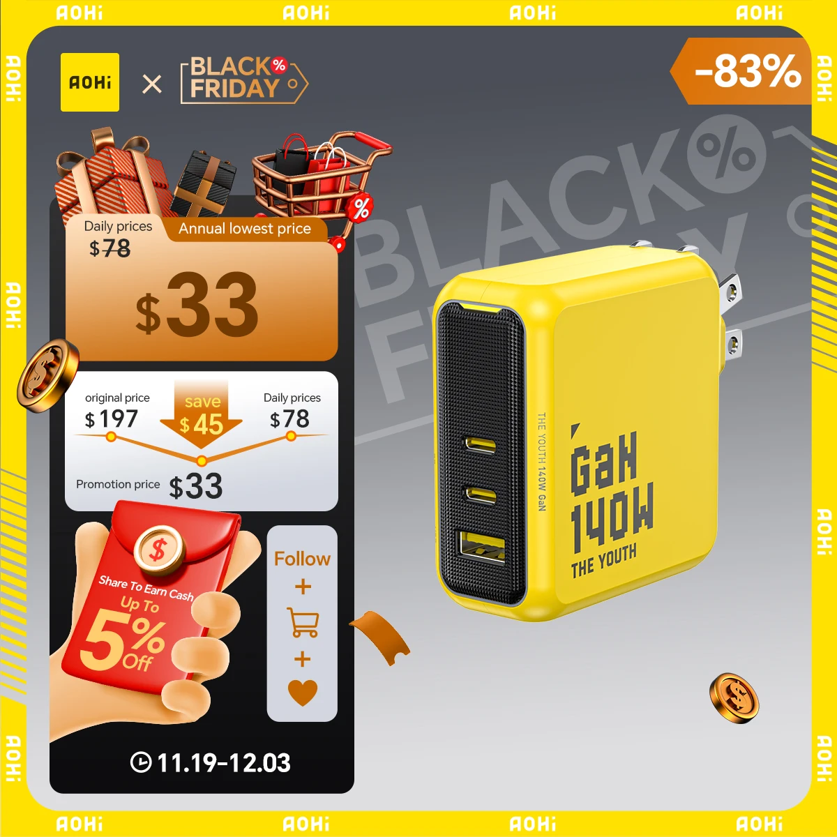 

AOHI Youth 140W GaN Charger PD3.1 3-Port Type C Quick Charge For Macbook Pro Laptop USB Fast Charger For iPhone 16 Xiaomi Tablet