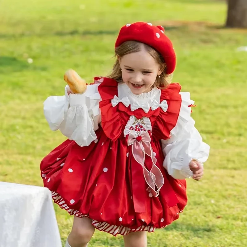 

Flower Dresse for Girls Lolita Group Children Autumn Red Cartoon Mushroom One-Piece Costume Skirt Clothes Kids Party Dress