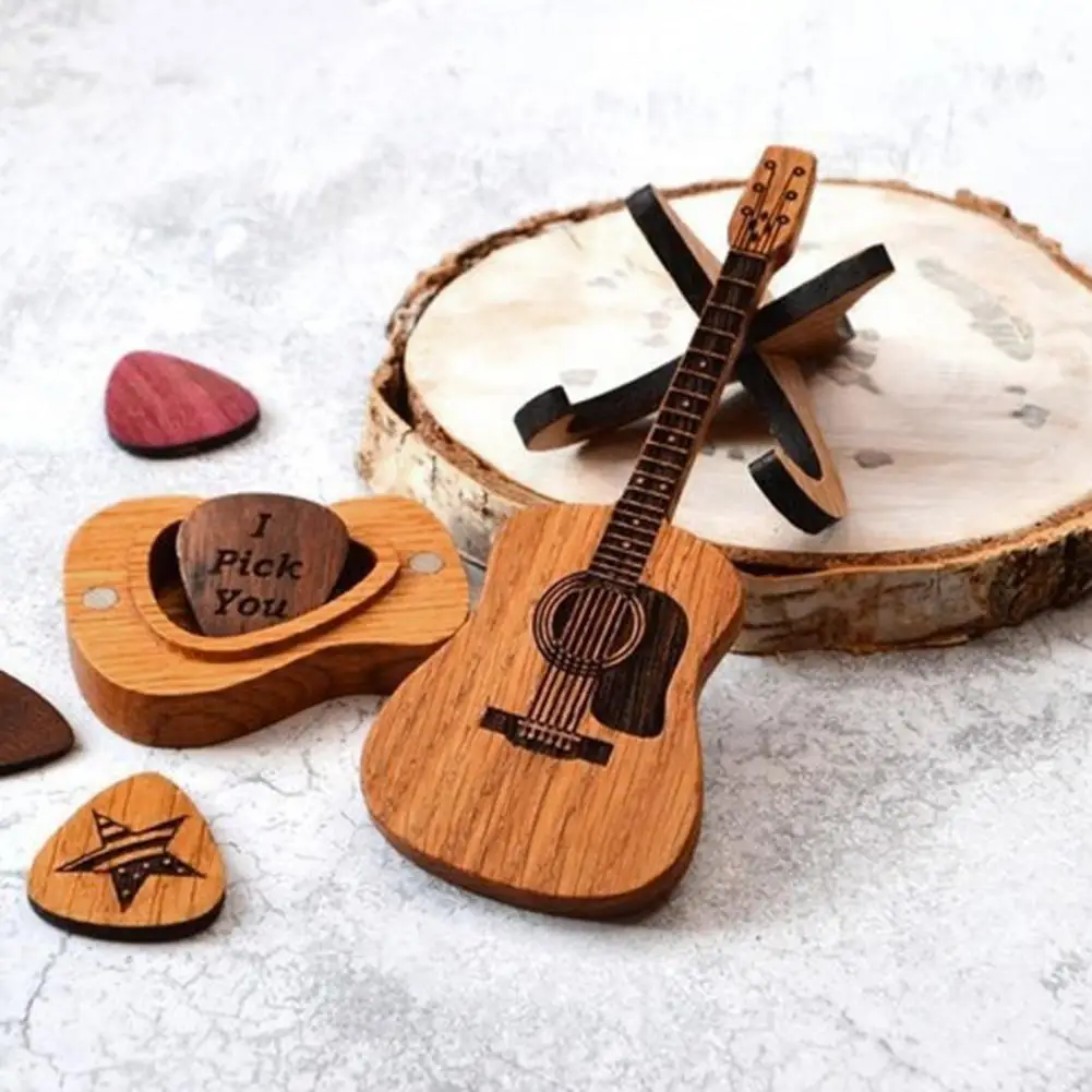 Wooden Guitar Pick Box with Stand Guitar Pick Display Box with 3 Pcs Guitar Picks Desktop Picks Storage Case Gift for Guitarists