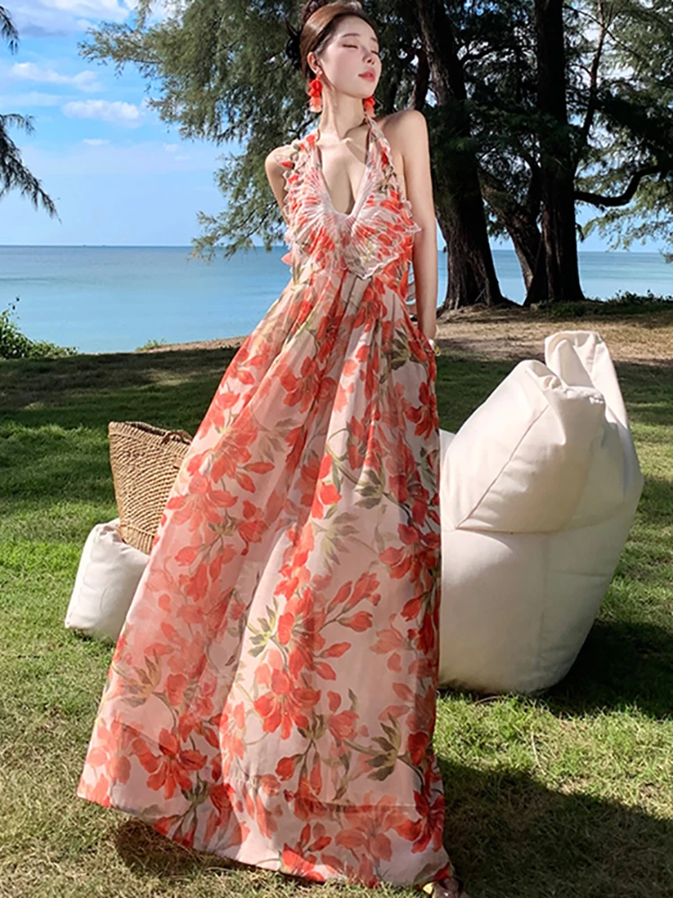 Summer Floral Chiffon Chic Backless Bow Neck-mounted Dress Women Korean Elegant Luxury Dress 2026 Fashion Bodycon Evening Dress