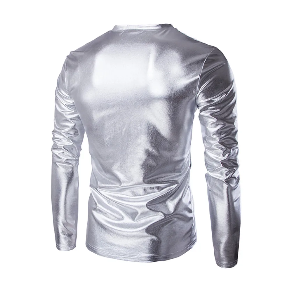 Fashion Mens Shiny Wet Look Long Sleeve T-shirt Top Slim Fit V Neck Blouse Nightclub Style Long Sleeve Tops For Men