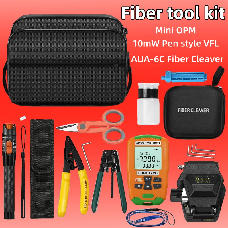 

FTTH Fiber Optic Tool Kit With AUA-6C Fiber Cleaver Mini Optical Power Meter Tester Fiber Stripper Visual Fault Locator 10mw VFL