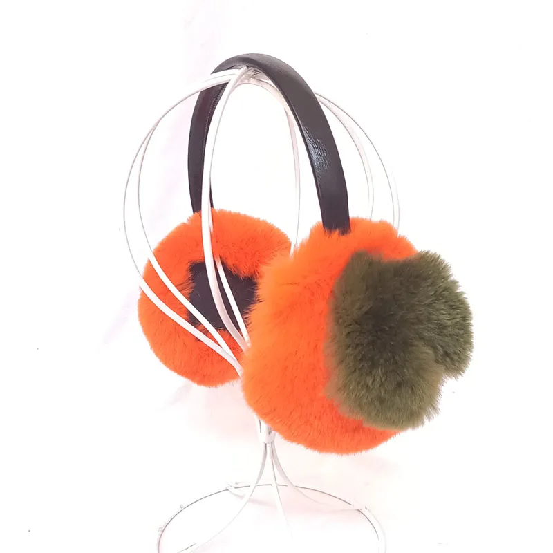 Women Cute persimmon Real Rabbit Fur Earcap Fashion Warm Orange Winter Lovely  Genuine Rex Rabbit Fur Earmuff