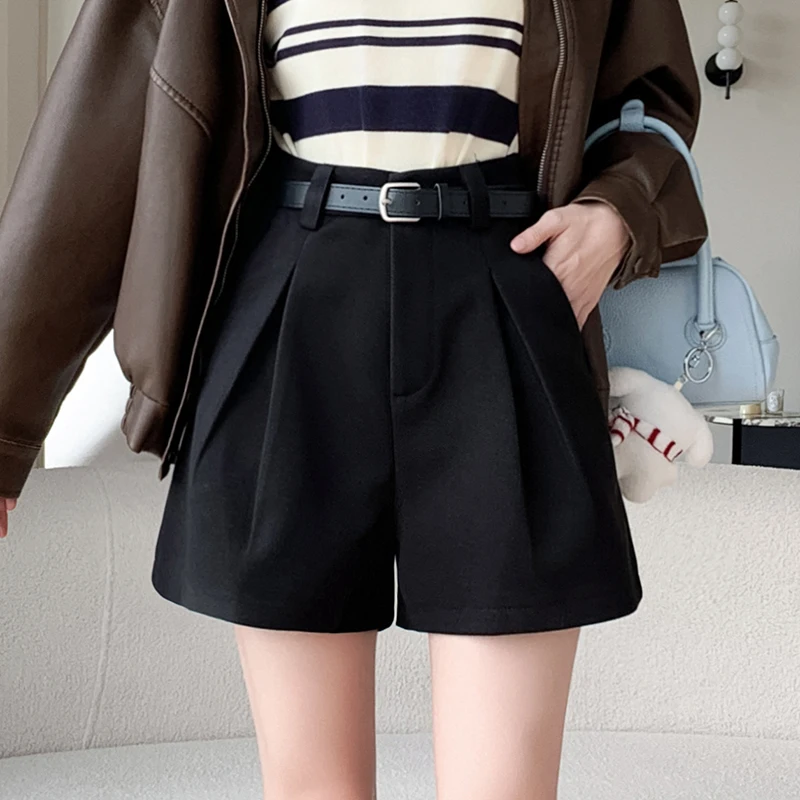 2025年秋冬向け レディース ウール ショートパンツ ハイウエスト プリーツ Aライン ゆったり カジュアル 厚手 ブーツパンツ 快適なショートパンツ
