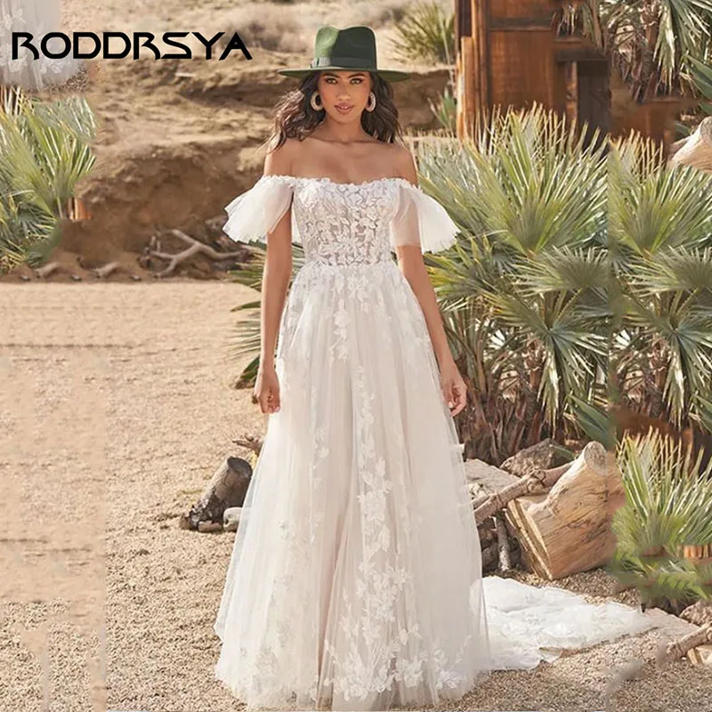 RODDRSYA Illusion Sweetheart Tulle Wedding Dress Floor Length Off the Shoulder A-Line Bridal Gown Customize Robe de Mariée