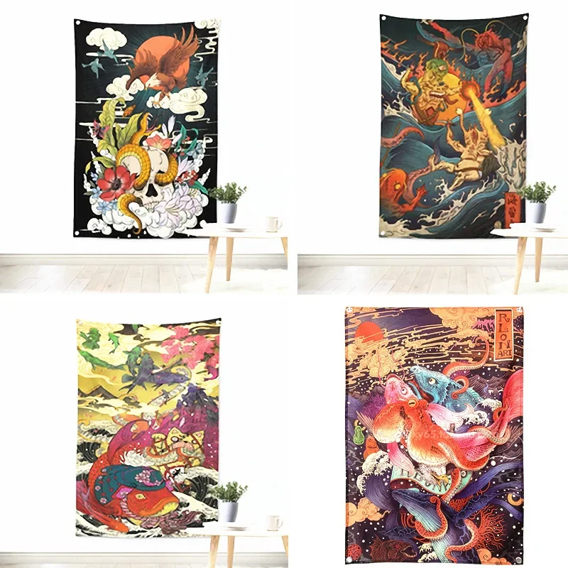 

Large Japanese ukiyo-e tattoo pattern poster banner flag Vintage tapestry Hanging painting tapestry Bar cafe concert home decor