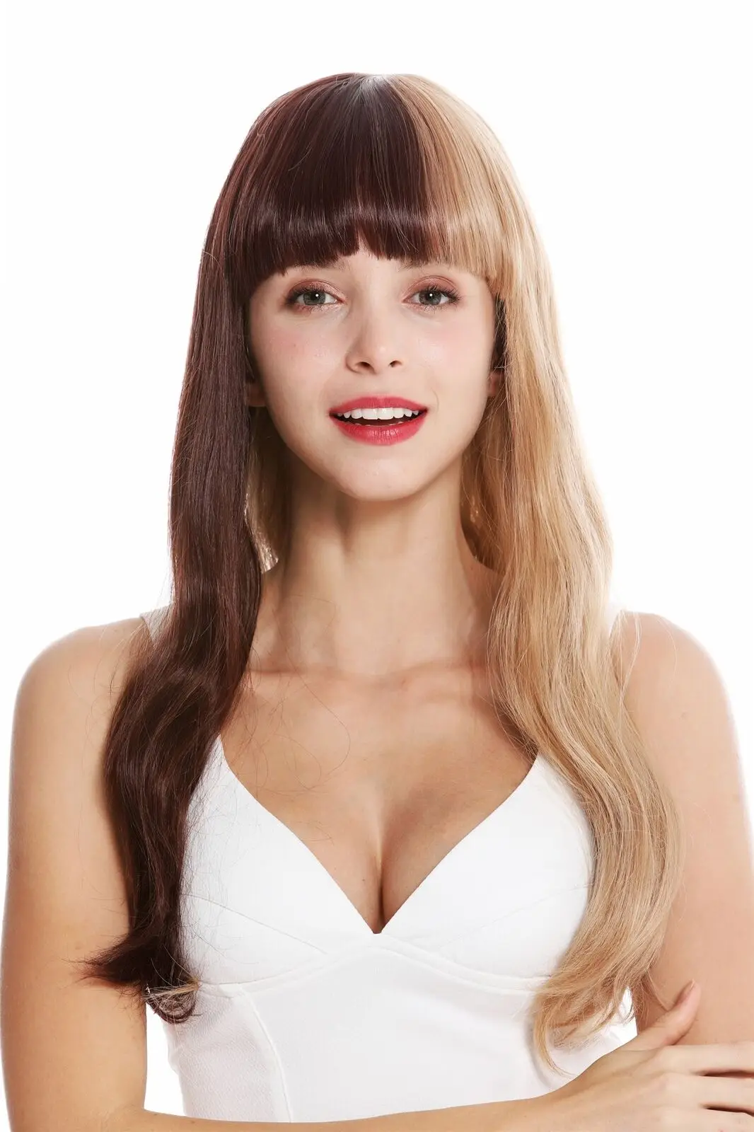 

Women's Long Hair Lightly Wavy Bangs Blonde Brown Halved Wigs