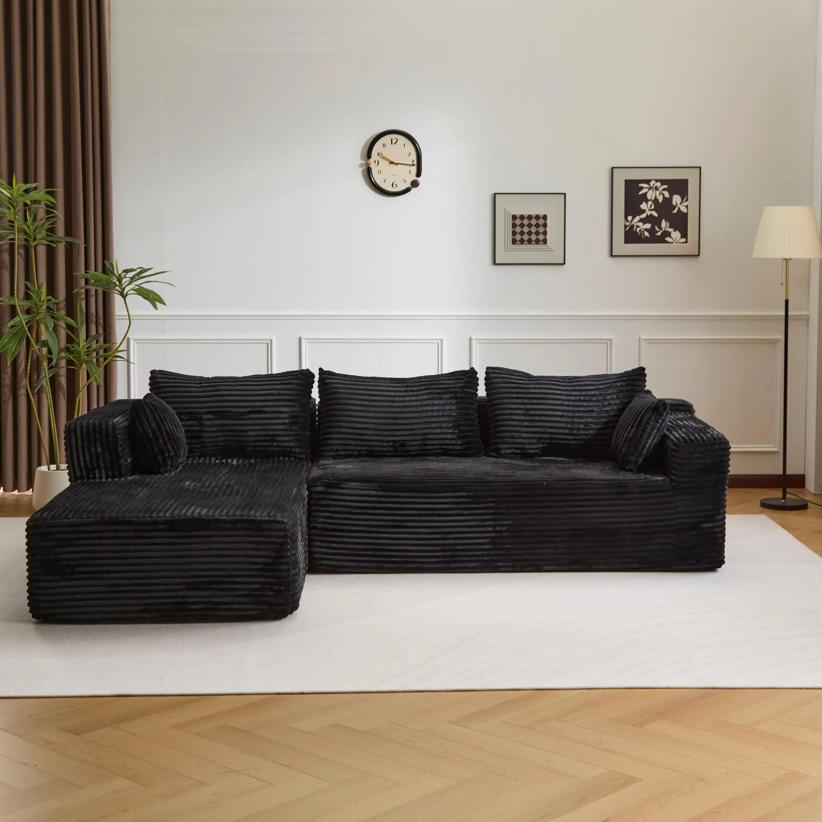 Sofá comprimido moderno negro, sofá en forma de L de 3 plazas con almohadas, no requiere montaje, sofá de pana profunda para sala de estar, dormitorio