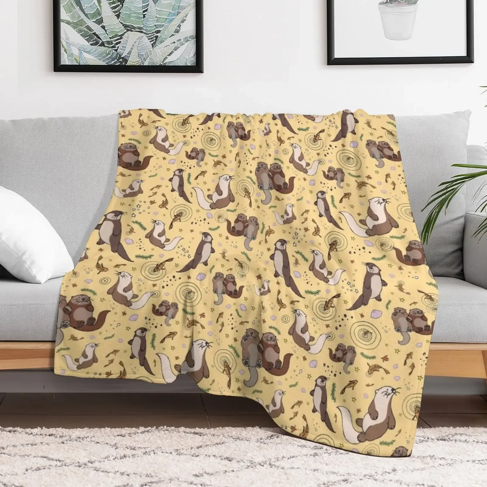 Otters in Yellow Throw Blanket Thins Giant Sofa Blankets Sofas Of Decoration Retros Blankets