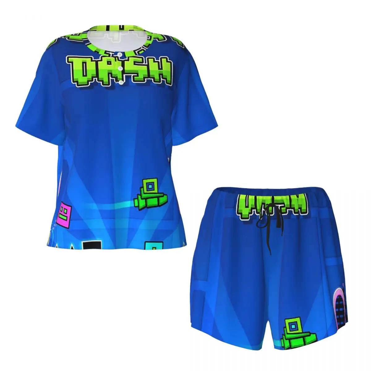 Video Game Geometry DashRound Neck Short Sleeves Nightdress for Sleeping Sleepshirts Women Soft Pajama Set Short Pants