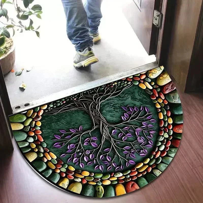 VIKAMA Semicircle Purple Leaf Tree of Life Doormat Pebble Edge Boho Non Slip Absorbent Entrance Rug Indoor Floor Mat