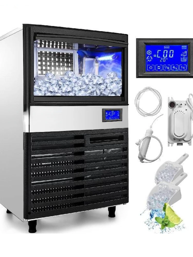 Commercial Cube Ice Maker with Water Drain Pump 50/60/70 KG/24H Freestanding LCD Touch Screen Liquid Freezer Ice Machine