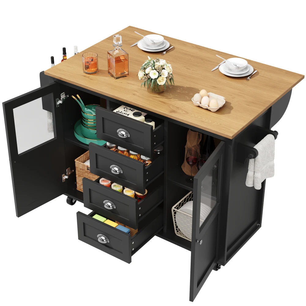 Kücheninsel، 54-Zoll-Sideboard، ausziehbarer Küchenwagen mit Handtuchhalter، Gewürzregal، dva Türen، four Schubladed، schwarz