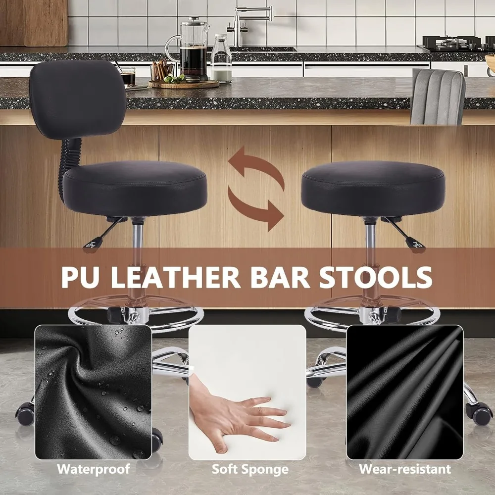 Drafting Chair with Backrest, Adjustable Foot Rest Height Rolling Stool with Wheels, Leather Swivel Work Shop Office Stools Chai