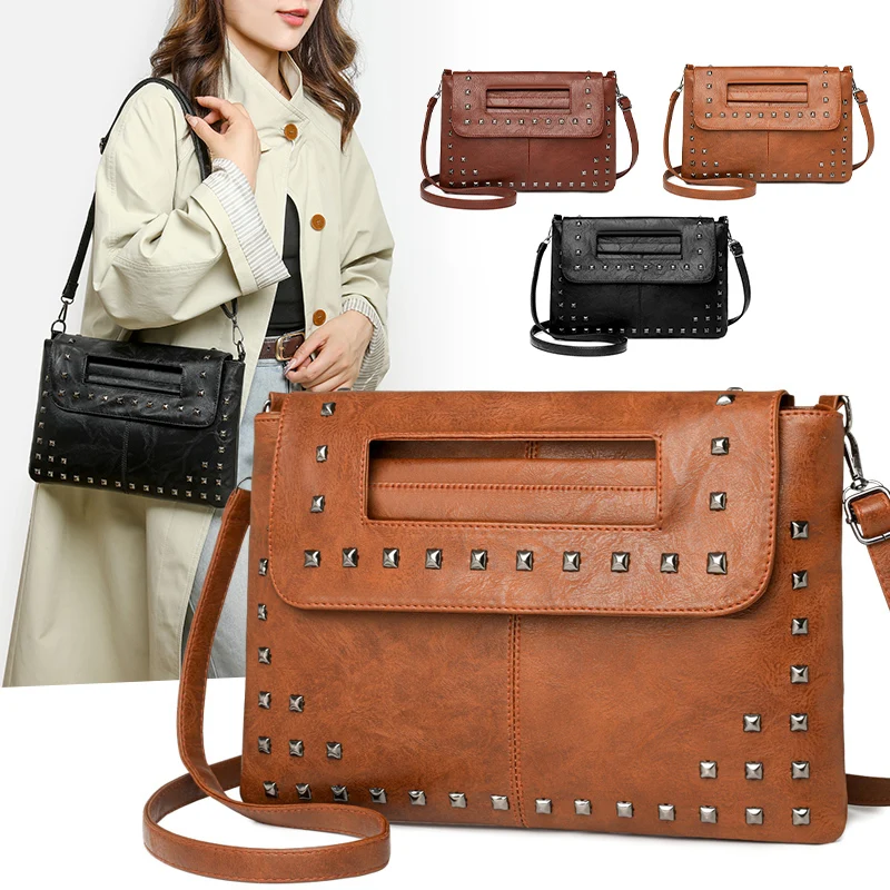 

New Fashion Women's Shoulder Bag Retro Exquisite Rivet Envelope Bag Luxury PU Messenger Bag for Commuter Shopping Dating Handbag