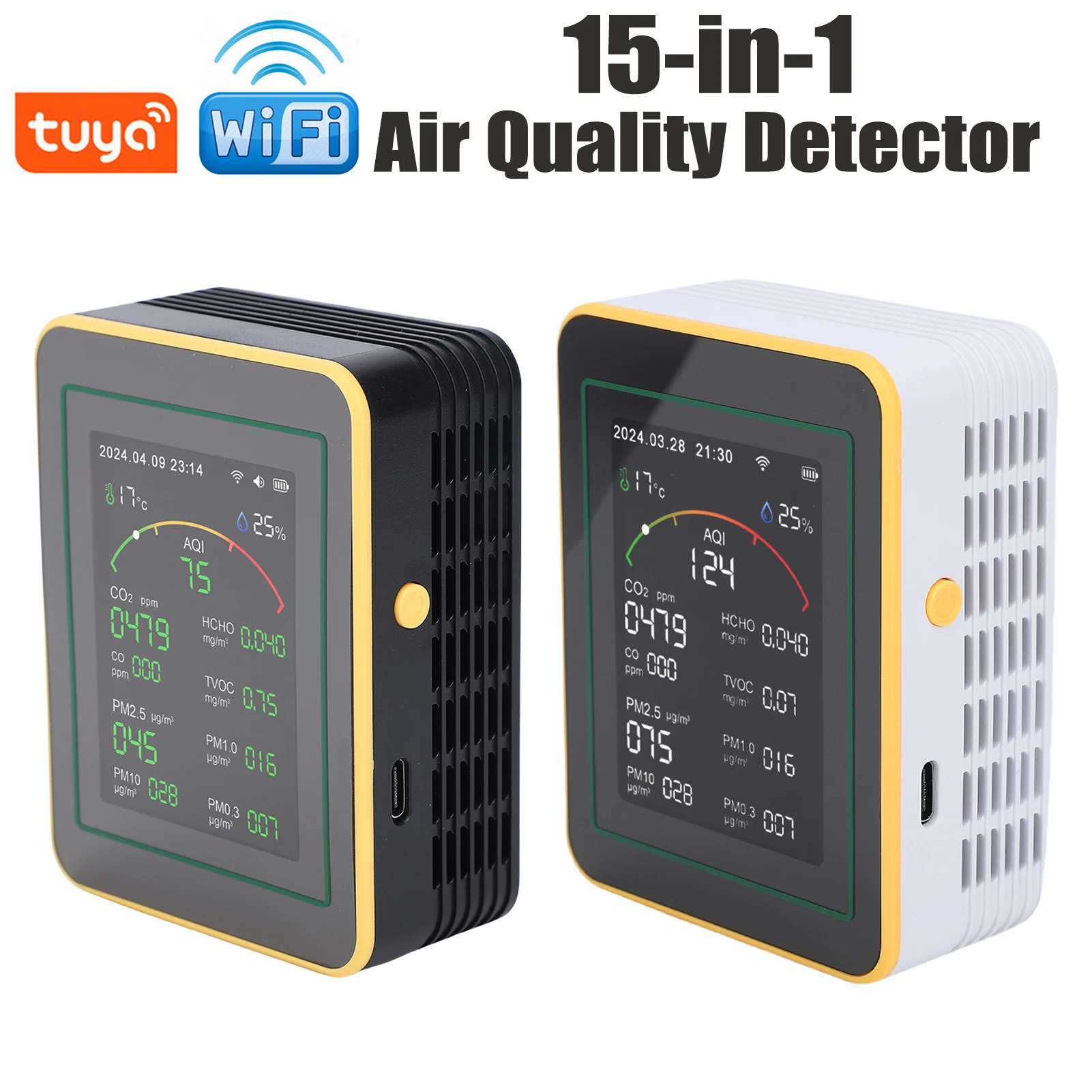 

Tuya WiFi 15-в-1 Умный детектор качества воздуха PM0.3 PM1.0 PM2.5 PM10 CO CO2 HCHO TVOC AQI Тестер температуры и влажности Монитор воздуха