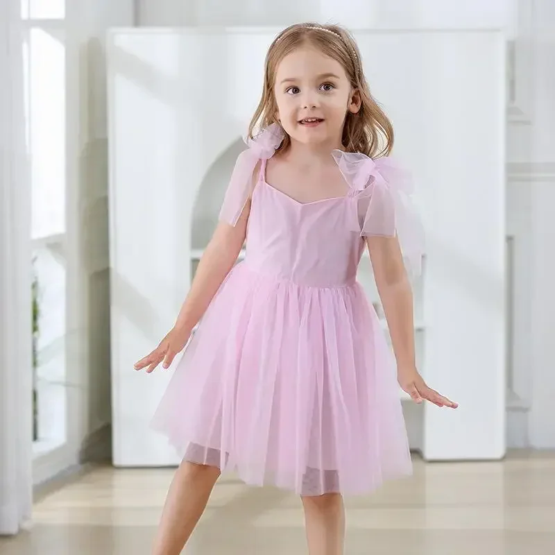 

Flower Girl Dresses Pink Tulle Wedding Birthday Party Dress Leisure FrocksPuffy With Bow Sleeveless Toddler Girls Baptism