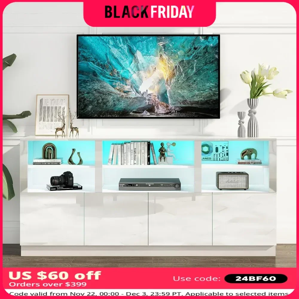 LED TV Cabinet for 75/80/85 Inch, Entertainment Center with Storage Shelves & Doors, Quality First, TV Stand