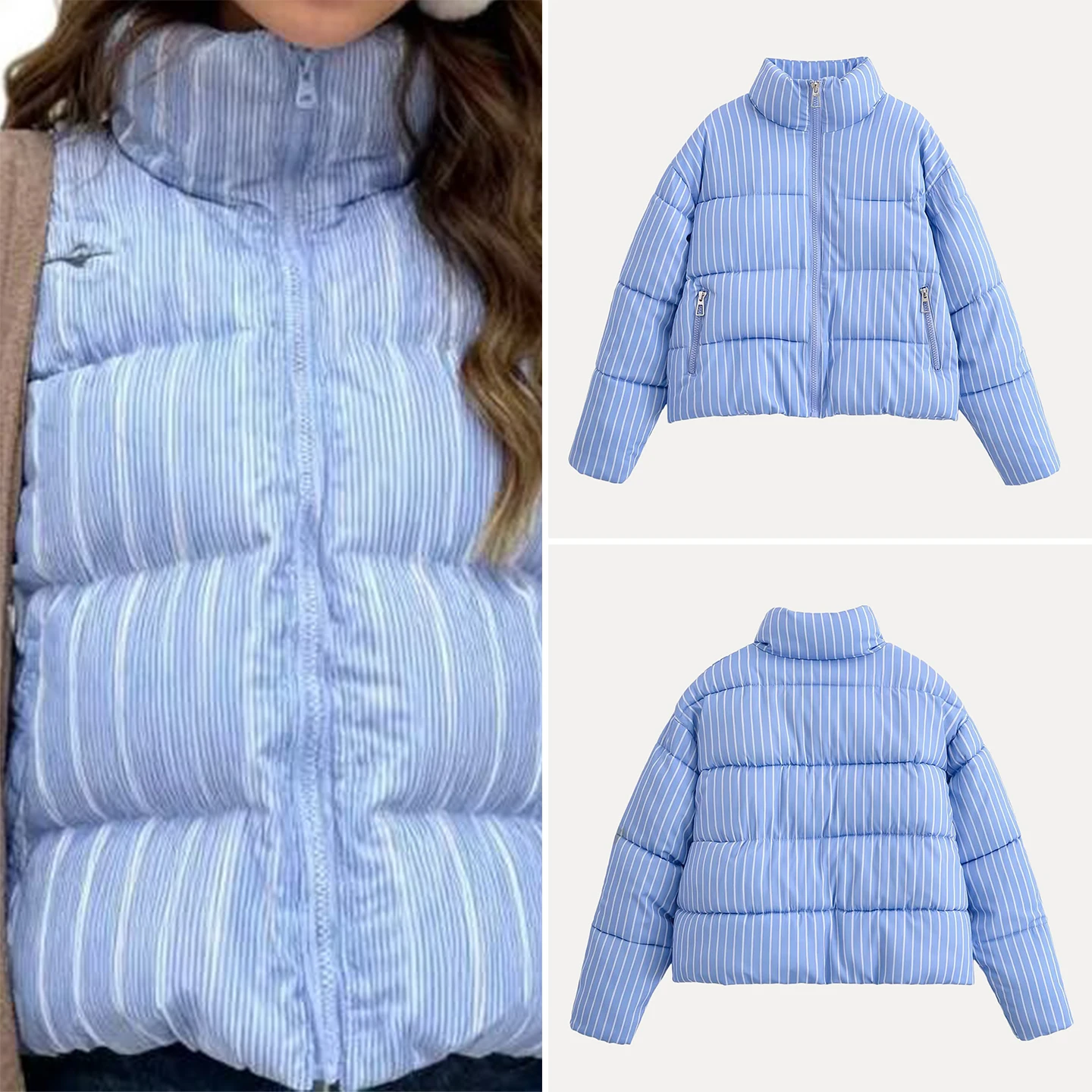 

Faionable Striped Long Sve Coat Women's Sle Versatile Daily Blue White Strip Spring Autumn Zipper Closure Casual Ou...