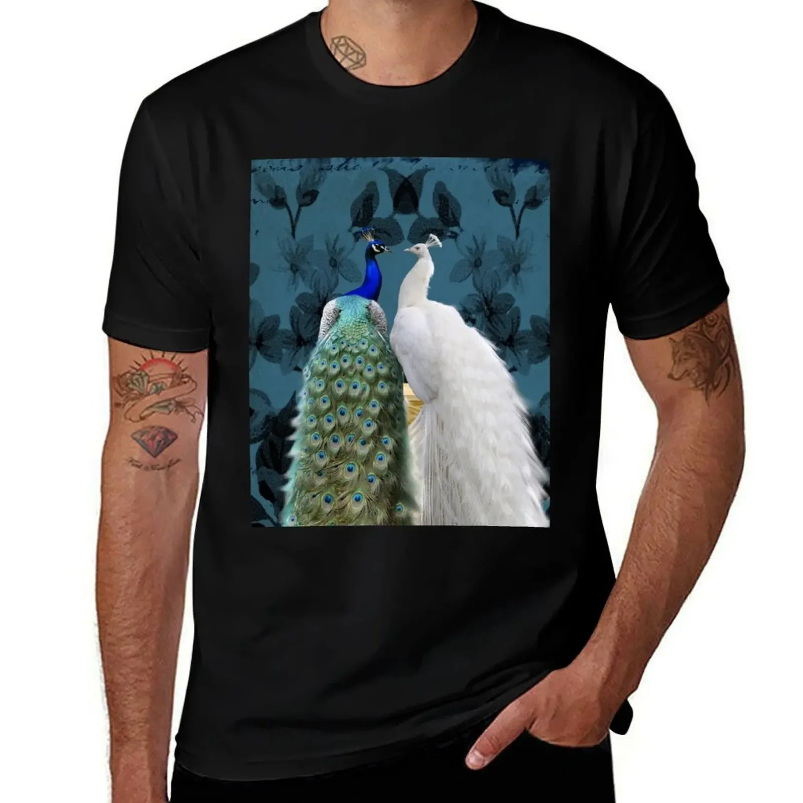 White Peacock and Blue Peacock Bird Photo Art A732 T-Shirt shirts graphic blanks mens funny t shirts