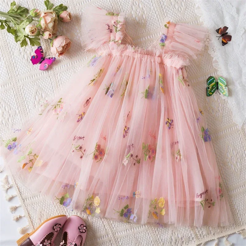 Summer Girls\' Princess Party Birthday Dress Sweet Baby Girls Dresses Back Bow Wings Fairy Strap Embroidered Butterfly Mesh Dress