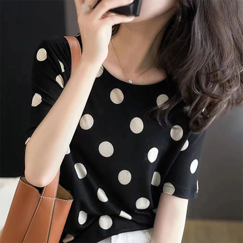 Summer Women\'s Vintage Polka Dot Printing Top Ladies Loose Casual Fashion Pullover Tee Femme Oversized T-shirt Female Clothes