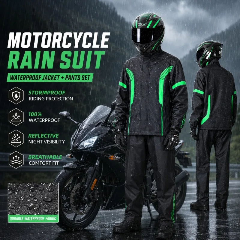 Completo Impermeabile per Moto, Giacca + Pantaloni, Strisce Riflettenti per Guida Notturna, Protezione Antipioggia