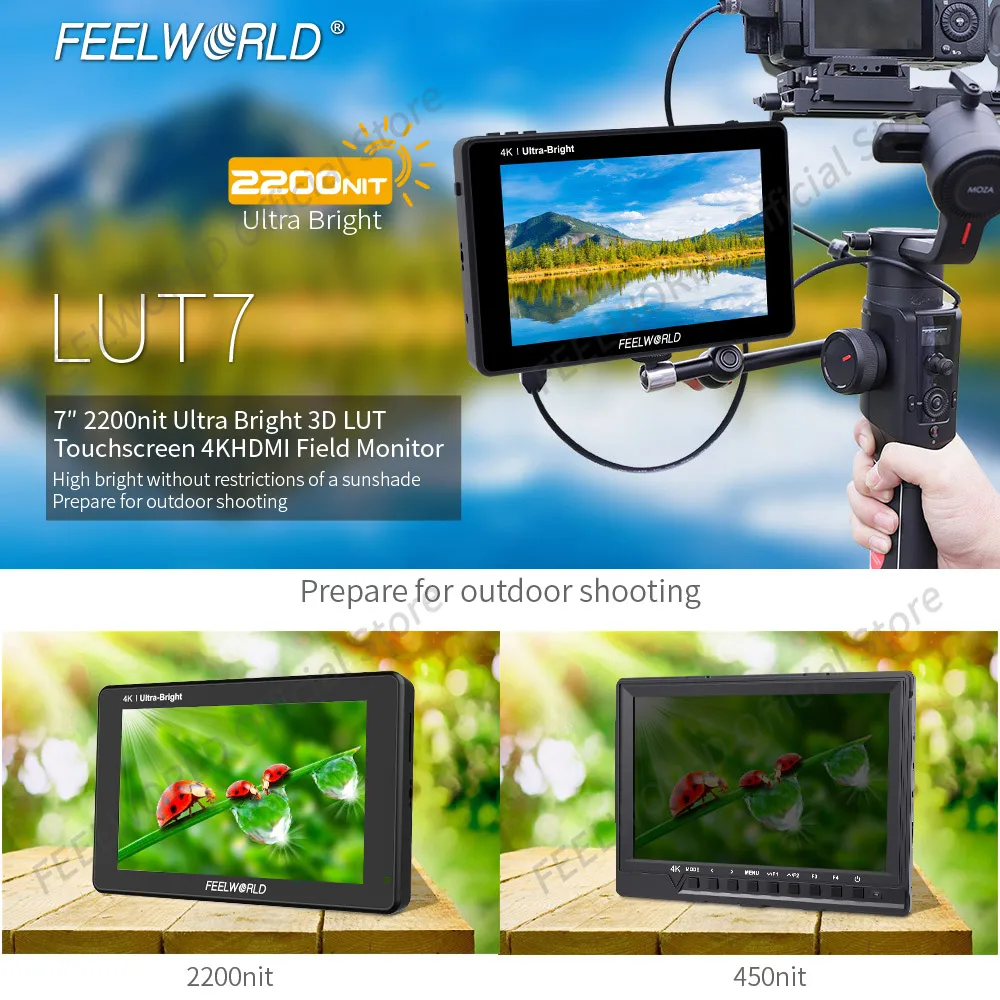 FEELWORLD LUT7 7 Inch Camera DSLR Field Monitor 3D LUT 2200nits Touch Screen  with Waveform VectorScope Focus Assist