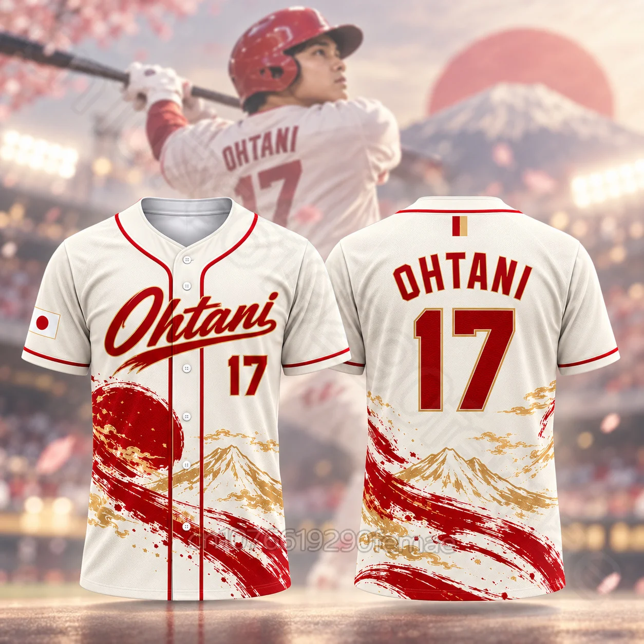 2026 Shohei Ohtani No.17 Baseball Jersey Kids Japan Red White Gold Short Sleeve Button Down Sports T-Shirt Casual Athletic Top