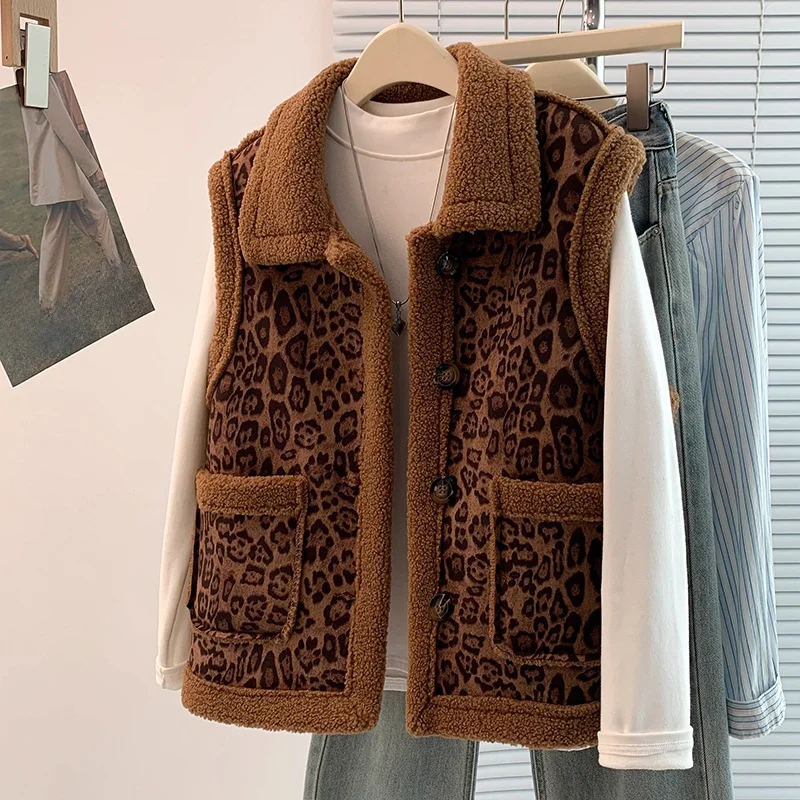 

Ретро жилет из овечьего меха, пальто из искусственного меха, осень-зима, двухцветный, с леопардовым узором, теплая куртка на подкладке с подкладкой Fce