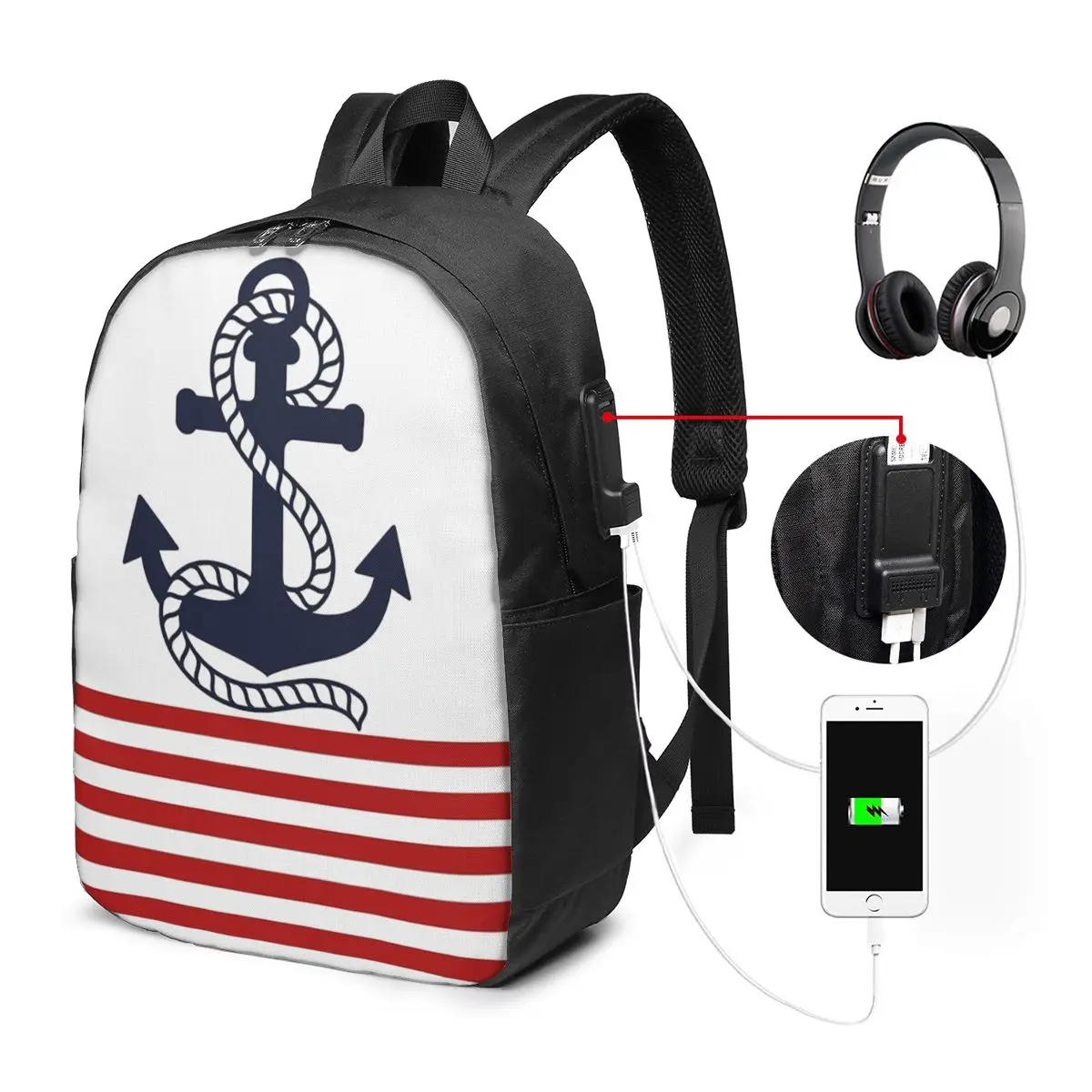 Navy Blue Nautical Anchor-Shaped Backpack Travel Notebook Bag Computer College Student School Bag Laptop Shoulder Bags Men Women