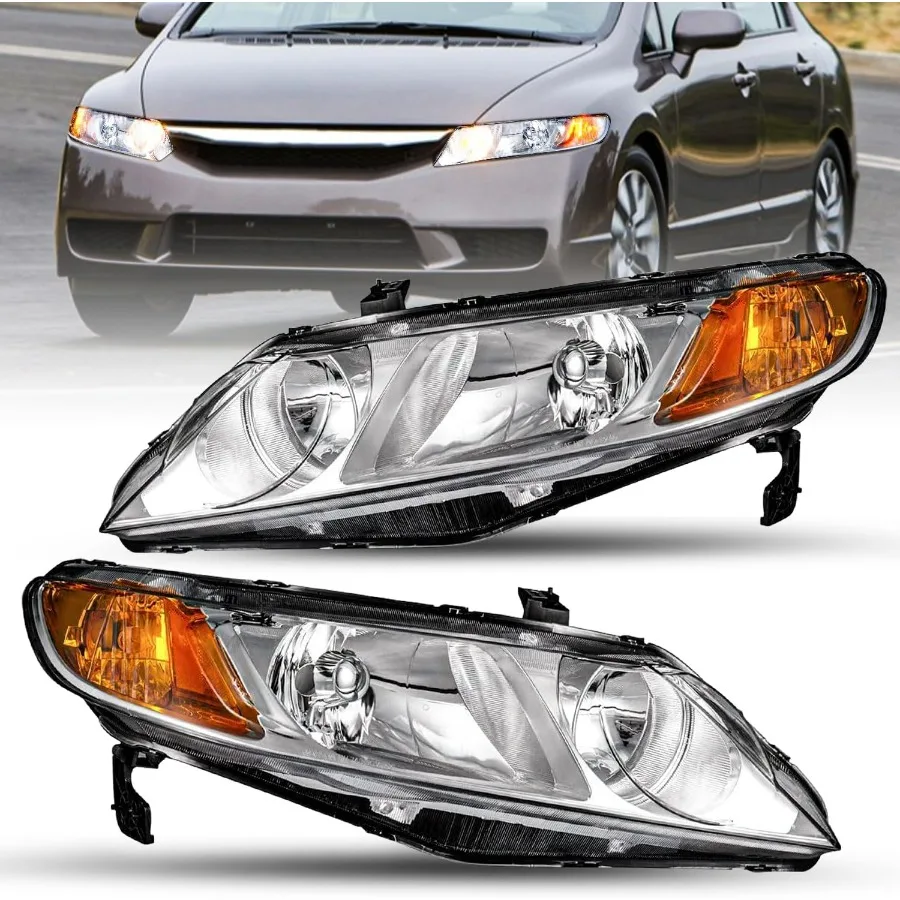 

Комплект фар (пара) для Honda Civic Sedan 4-дверный 2006-2011 гг., передние фары с хромированным корпусом и янтарным отражателем