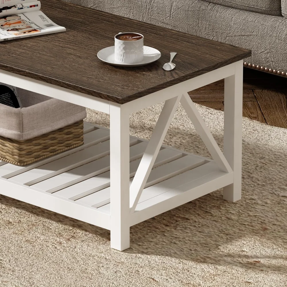 Farmhouse Coffee Table, Rustic Vintage Living Room Table with Shelf, 47 White