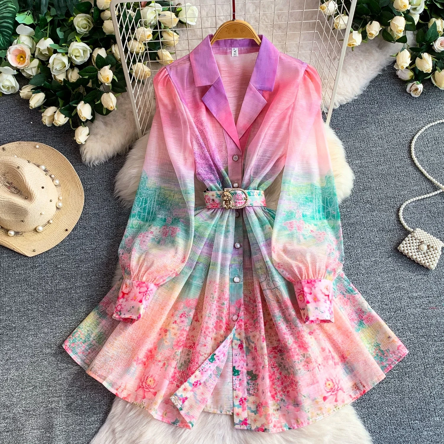 

2026 Spring Summer Women's Gradient Floral Print Shirt Dress Long Sleeve Lapel Collar Single Button Waist Tie Elegant Midi Dress