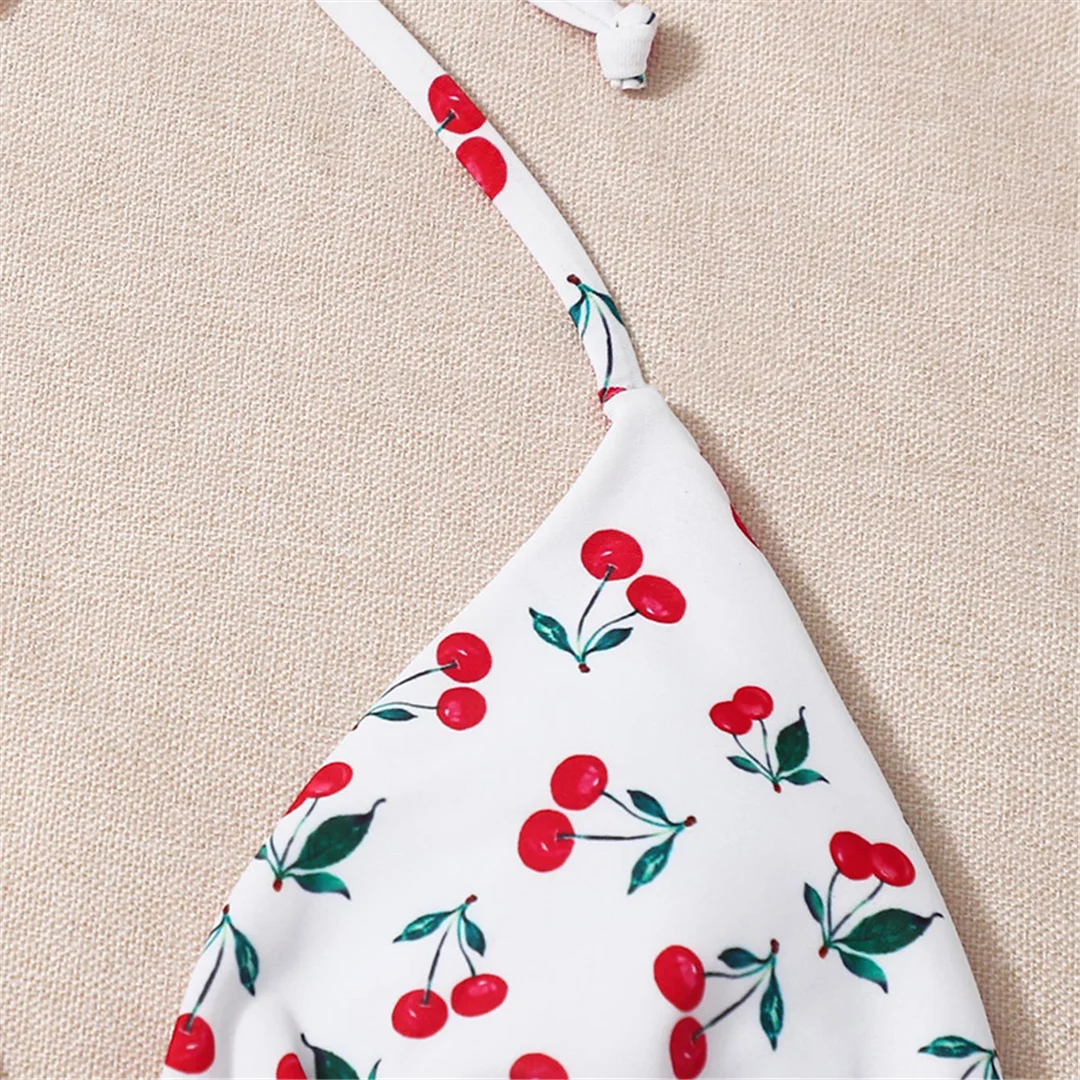 XS - L Cherry Print Neckholder-Bikini mit Trägern, Damen-Badeanzug, zweiteiliger Bikini-Set, Badebekleidung, Badeanzug, Schwimmbekleidung V4894 – Detail 10