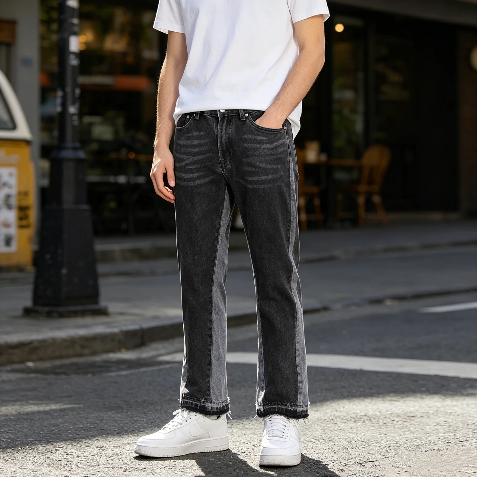 Vintage Flared Jeans for Men Y2k Streetwear Frayed Bell Bottom Baggy Hip Hop Graffiti Colorblock Slim Fit Jeans Pants Man Black