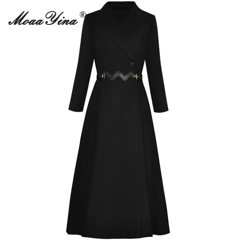 Moaayina Winter mode Landebahn schwarz Vintage Trenchcoat Frauen Revers Einzel knopf Schärpen hohe Taille Schlitz schlank langen Trenchcoat