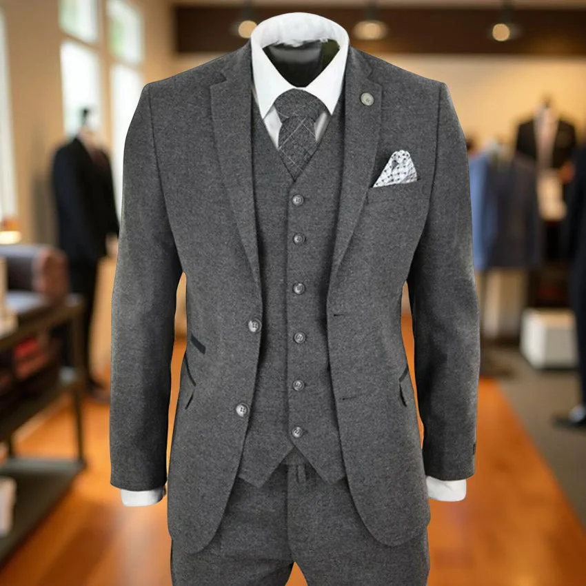 

Woolen Formal Suits for Men Fall Winter 3 Pieces Slim Fit Formal Business Suit Set Jacket with Vest Pants Groom Tuxedo Wedding