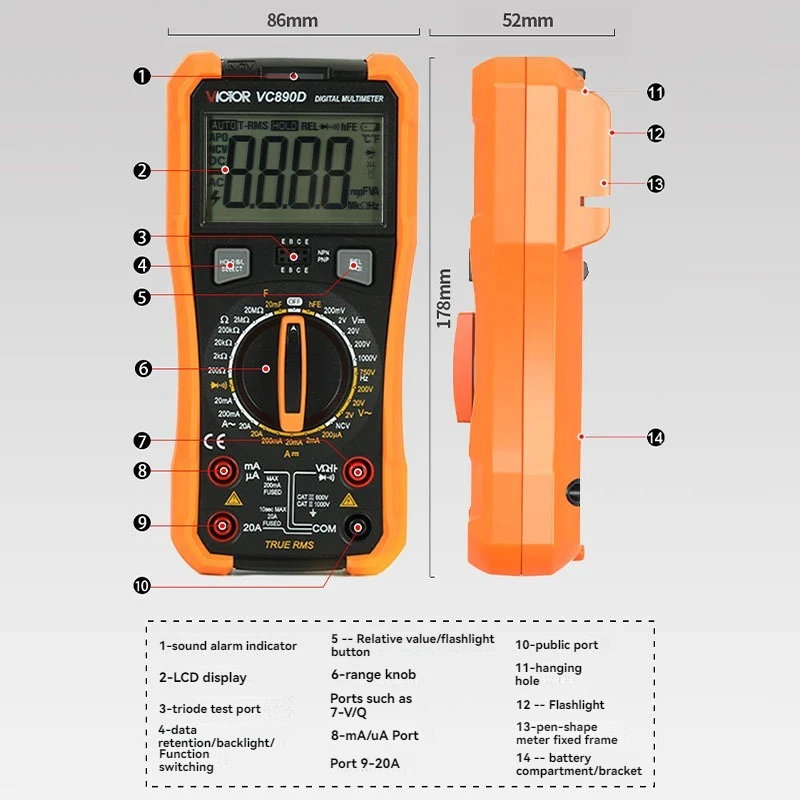 VICTOR VC890C+VC890D Digital Multimeter True RMS Capacitor 2000uF 20A AC DC Voltage Current Capacitance Tester Meter Backlight