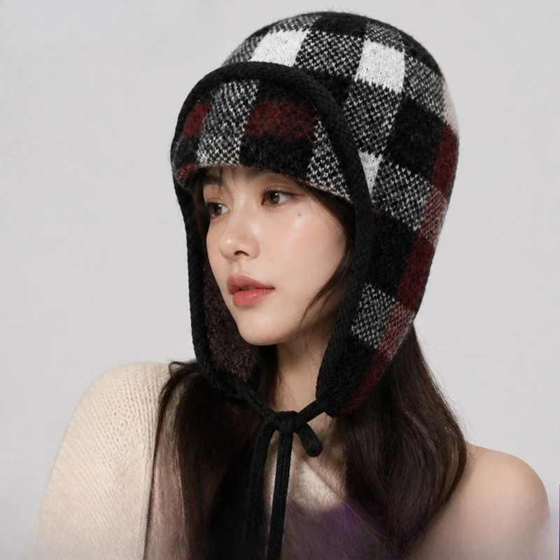 Japanische karierte Strickmütze für den Winter, zum Radfahren im Freien, warm und winddicht, mit Schnürung und Plüschfutter, Bombermütze für Männer und Frauen – Detail 1