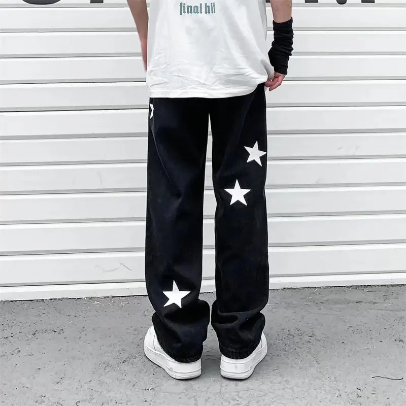 Denim Trousers Y2K Summer Spring Streetwear Vintage Gothic Men Women Straight Loose Jeans Star Printed Men High Street Black