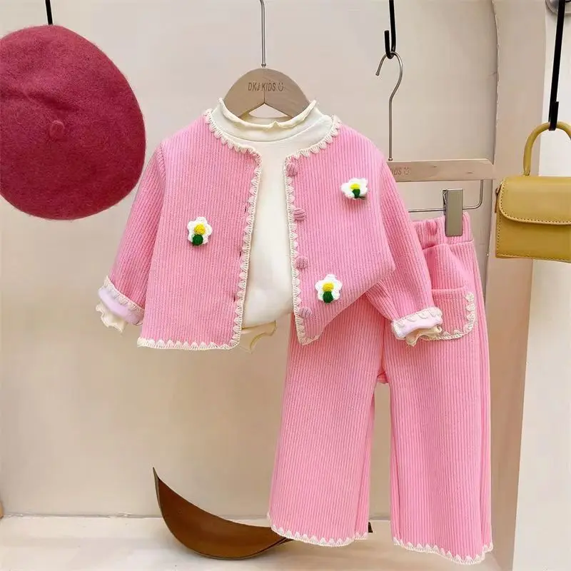 

Kids Girls Spring And Autumn Coat 2023 New Clothing Small Fragrance Set Girls Autumn Wide Leg Pants Three Piece Set