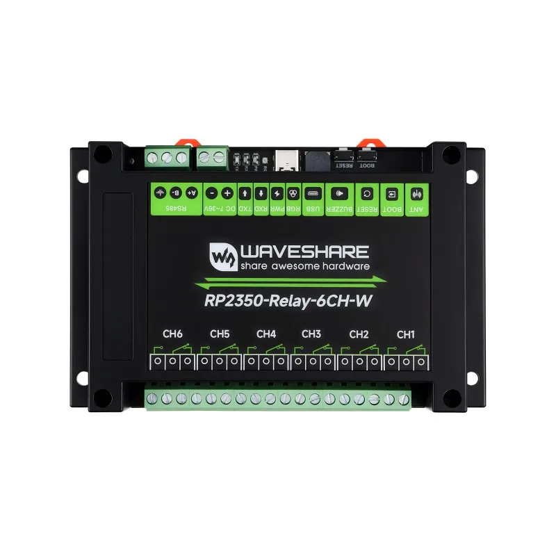 

SKU-32576 Промышленный 6-канальный релейный модуль Waveshare RP2350, встроенные интерфейсы RS485 / Pico HAT, с множественной изоляцией
