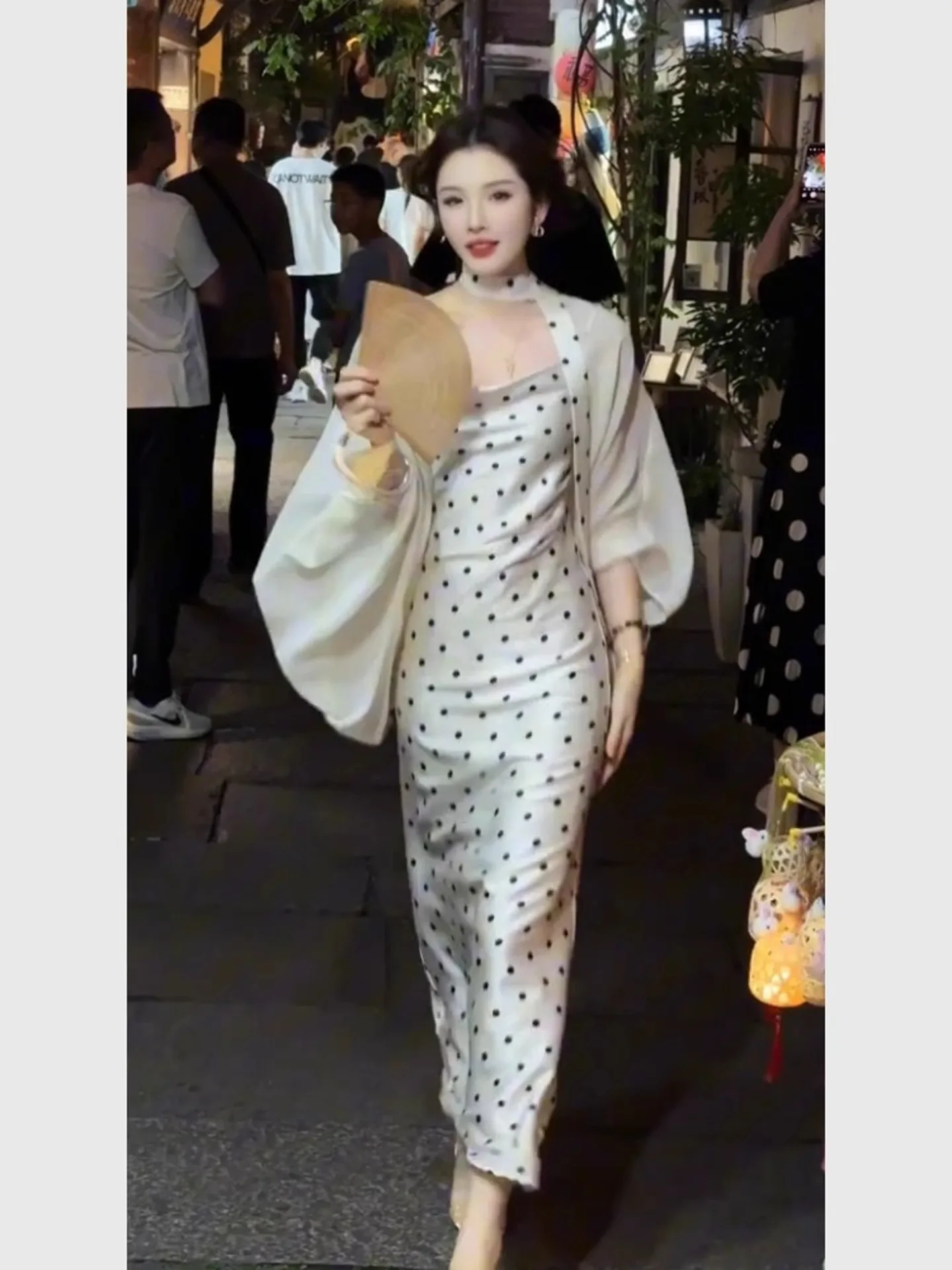 Ele Witte Polka Dot Strap Dr Dames 2025, High-End Feelings Godd Sle Taille-Cinching Long Dr-set